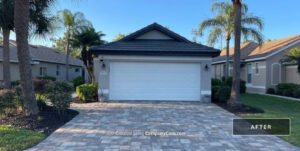 After roof replacement - new gray roof with driveway view