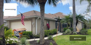 Before photo: house exterior with flag and landscaping requiring roof renovation