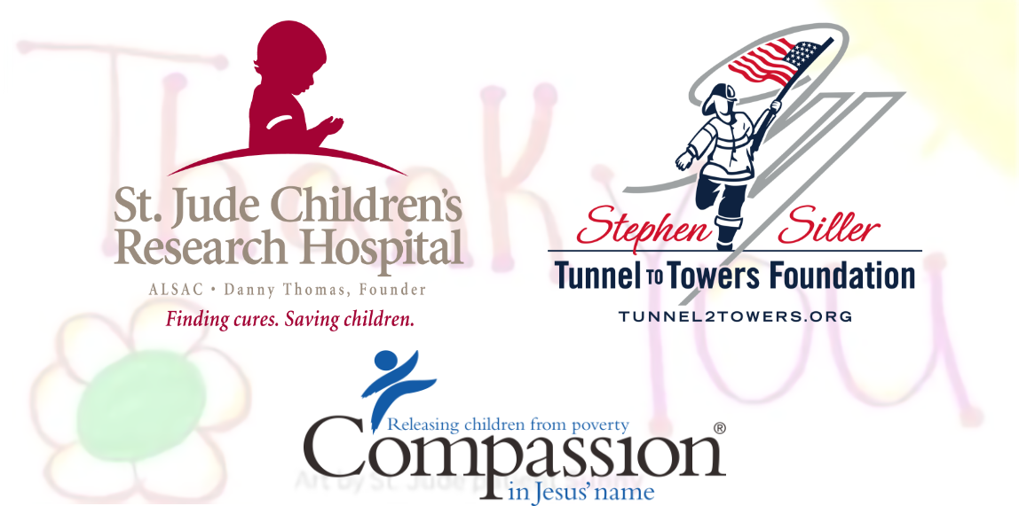 Charitable organization logos including St. Jude, Tunnel to Towers, and Compassion showing community commitment