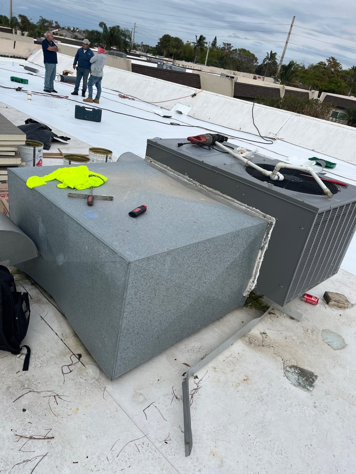 Completed flat roof with professional membrane and equipment