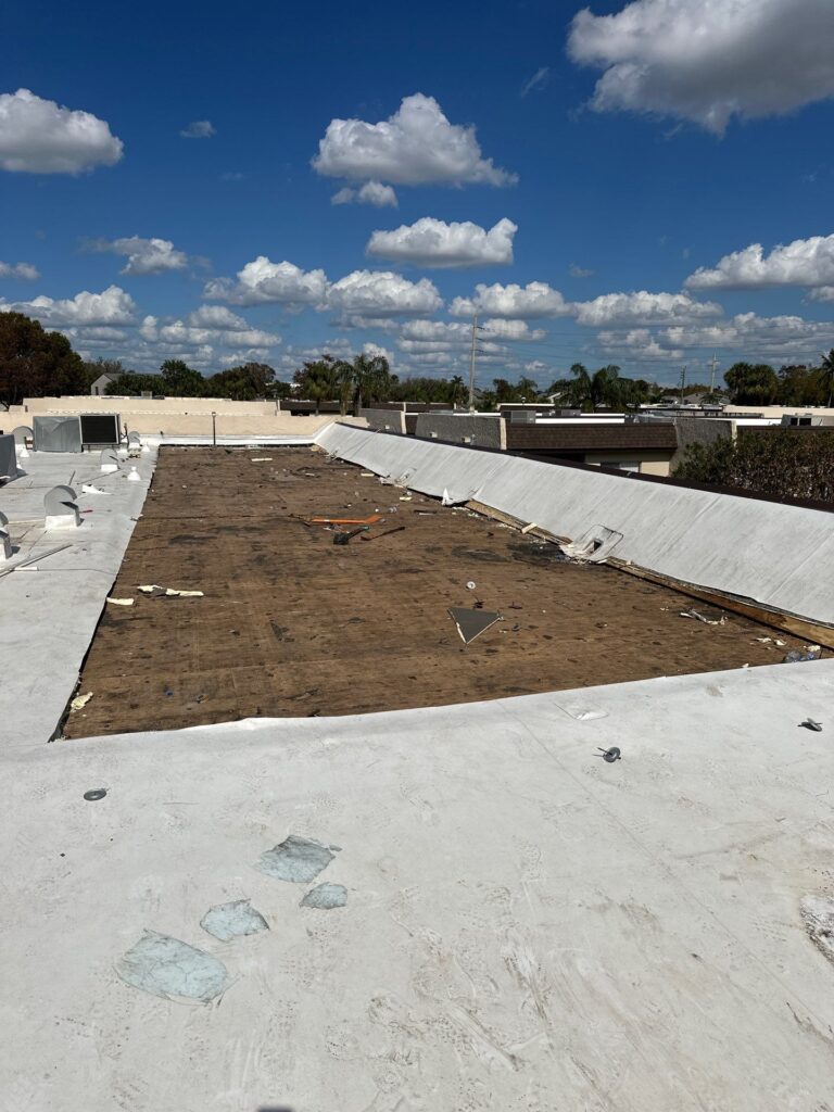 Flat roof construction showing damaged area repair and restoration